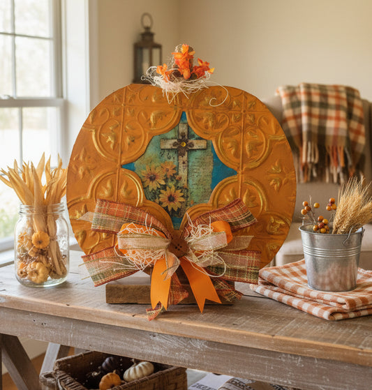 Farm Style Cross Pumpkin Shelf Sitter