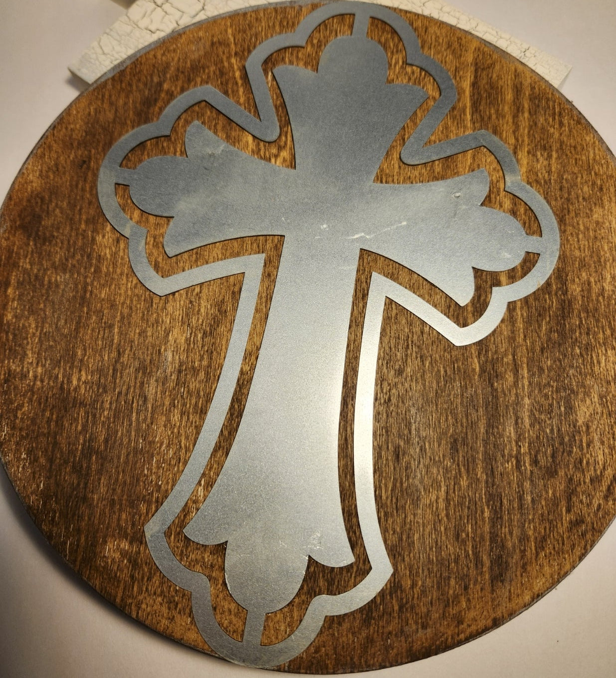 Rustic wood and metal cross candle holder