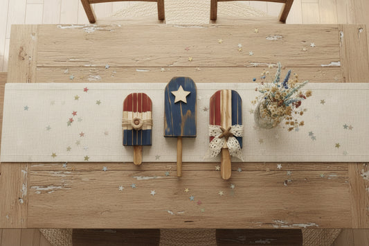Wooden ice cream pops with decorative elements on a light gray background