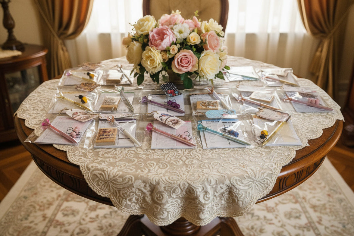 Round wooden table with a lace tablecloth, decorative items, and a bouquet of flowers.