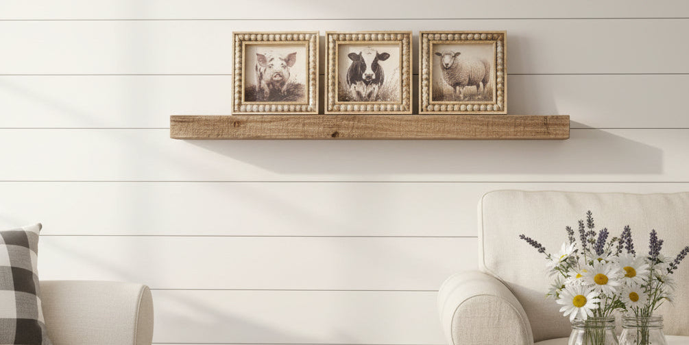 Three framed black and white photos on a textured wall