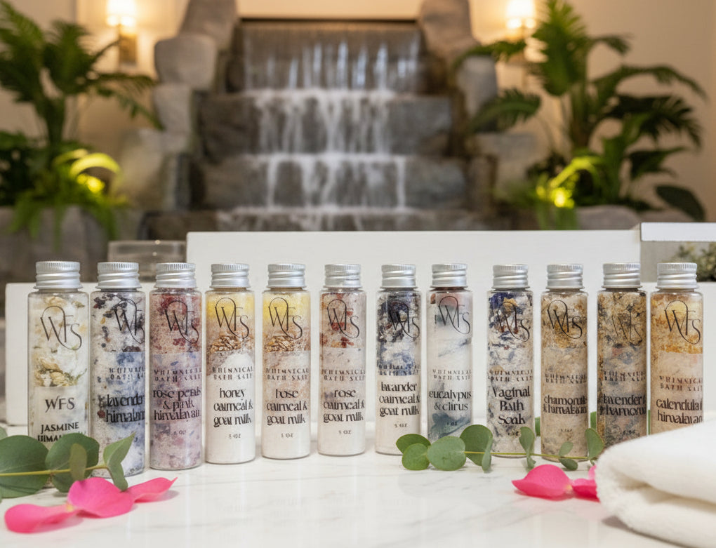 Row of small bottles with labels on a white surface with flowers and a towel.