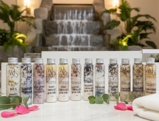 Row of small bottles with labels on a white surface with flowers and a towel.