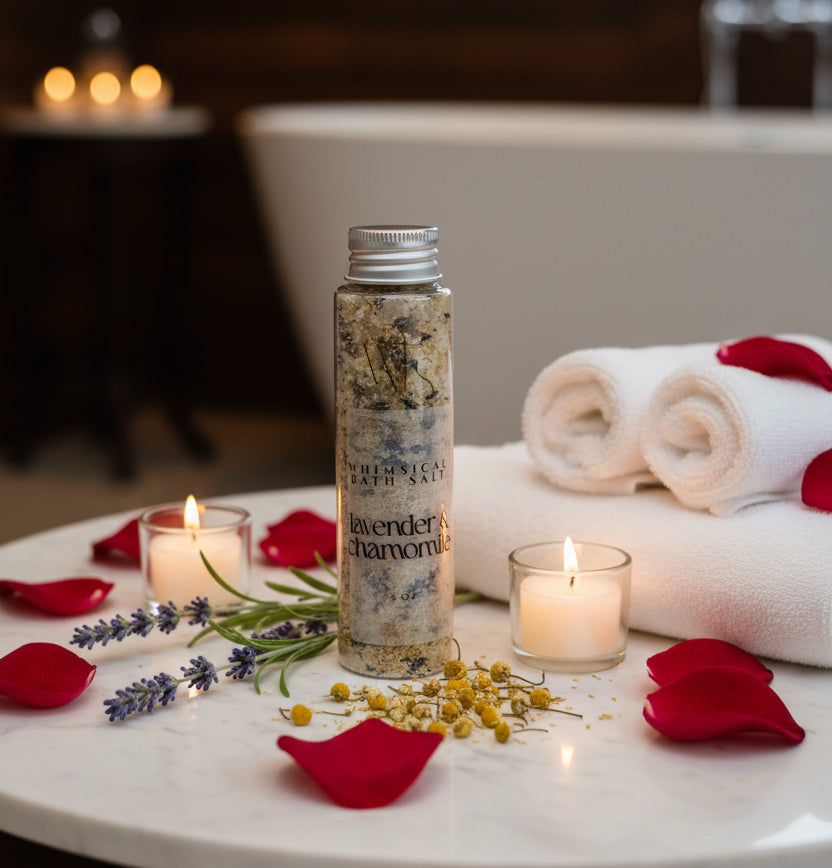 Bottle of Whimsical Bath Salts with floral design on a neutral background