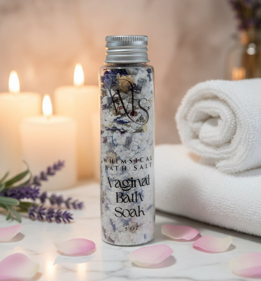 Vaginal bath soak container with decorative elements on a neutral background
