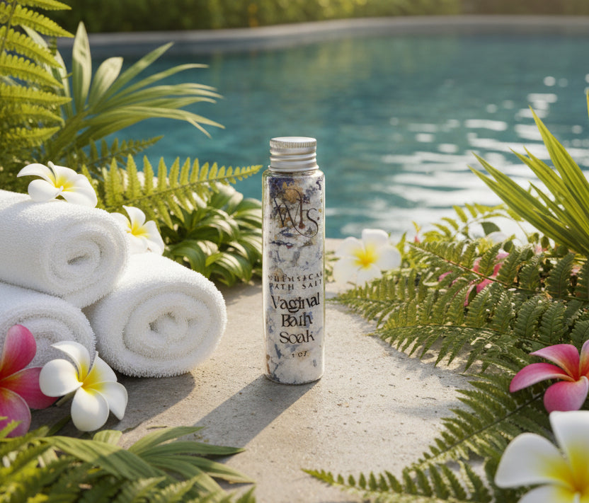 Vaginal bath soak container with decorative elements on a neutral background