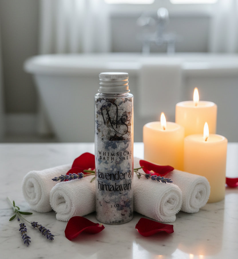 Bottle of Whimsical Bath Salts with a silver cap on a blurred background