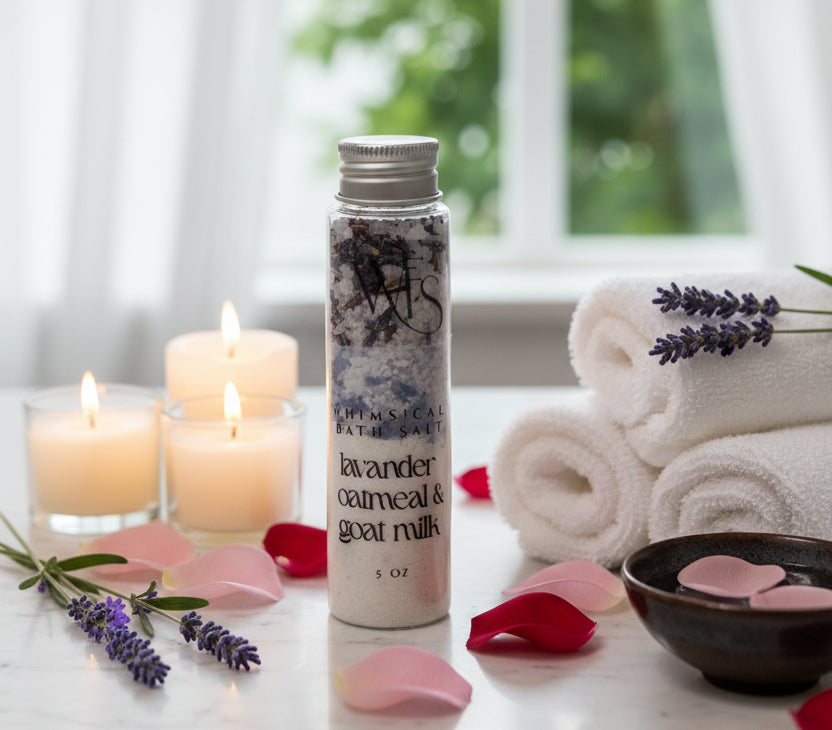 Bottle of oatmeal and lavender body scrub with a checkered fabric background