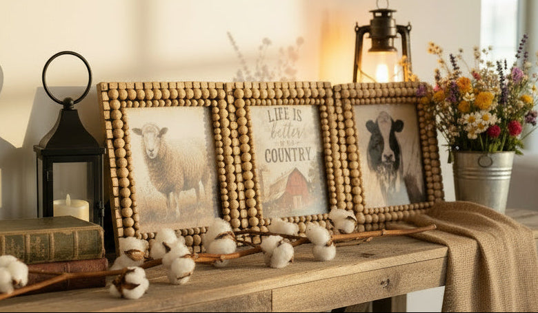 Three framed pictures of a sheep, a cow, and a barn with 'Life is better in the country' text on a checkered surface.
