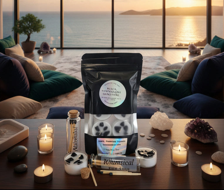 Black glamoure wax product with packaging and tools on a light gray background
