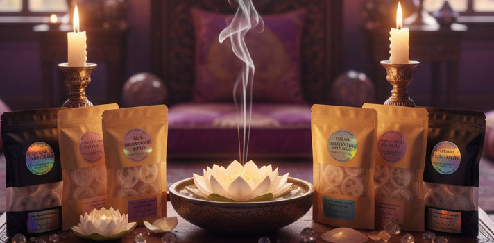 Six coffee bags with labels on a cardboard surface