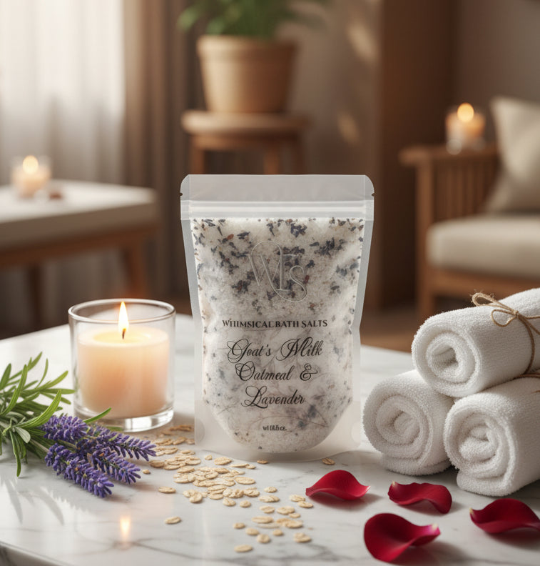 Bag of bath salts with wooden scoop on a light background