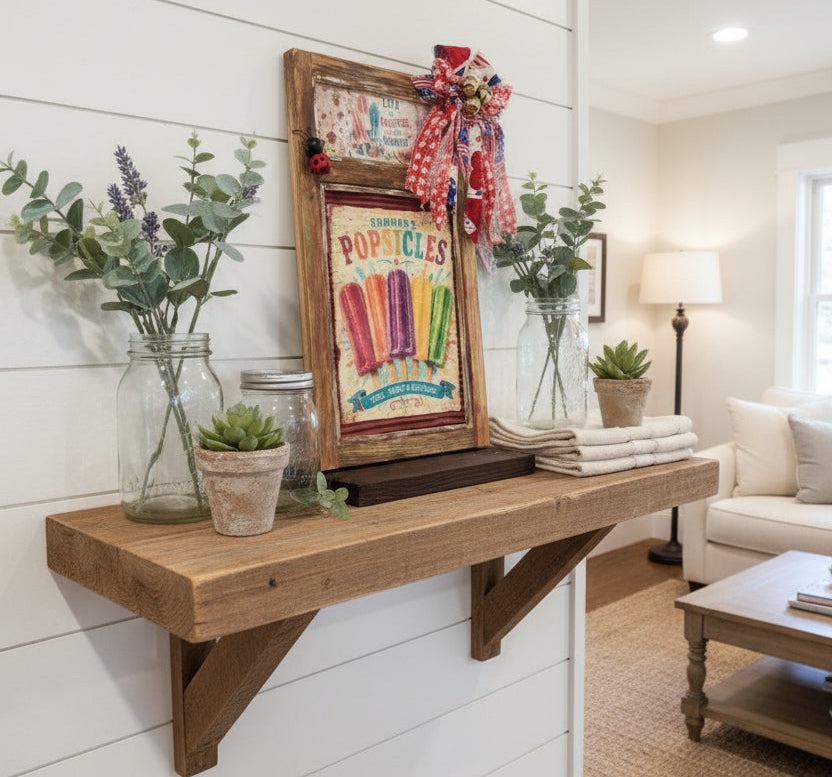 Wooden wall shelf with decorative items in a living room setting