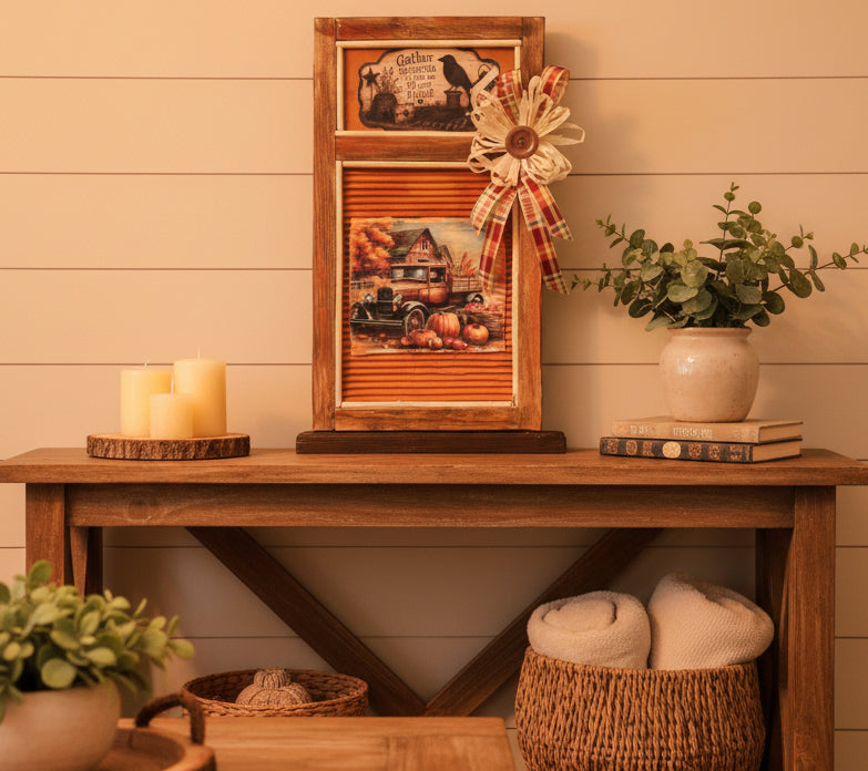 Wooden picture frame with decorative bow and autumn-themed print on a white background