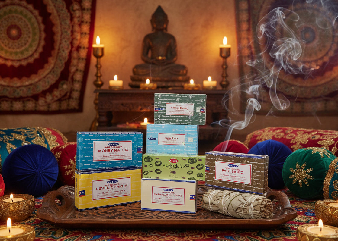 Collection of HEM incense boxes in various colors and designs on a checkered tablecloth.
