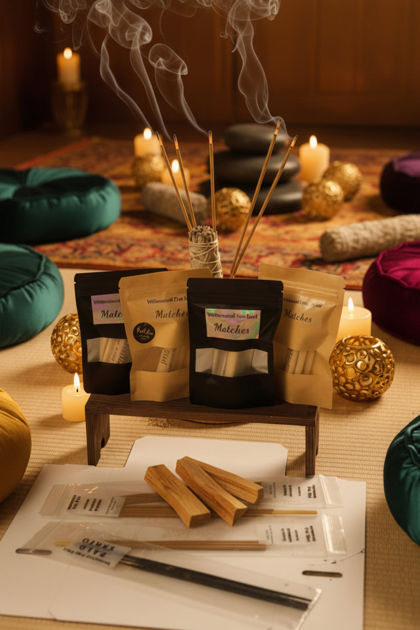 Incense sticks and packaging on a table with candles and decorative items in the background