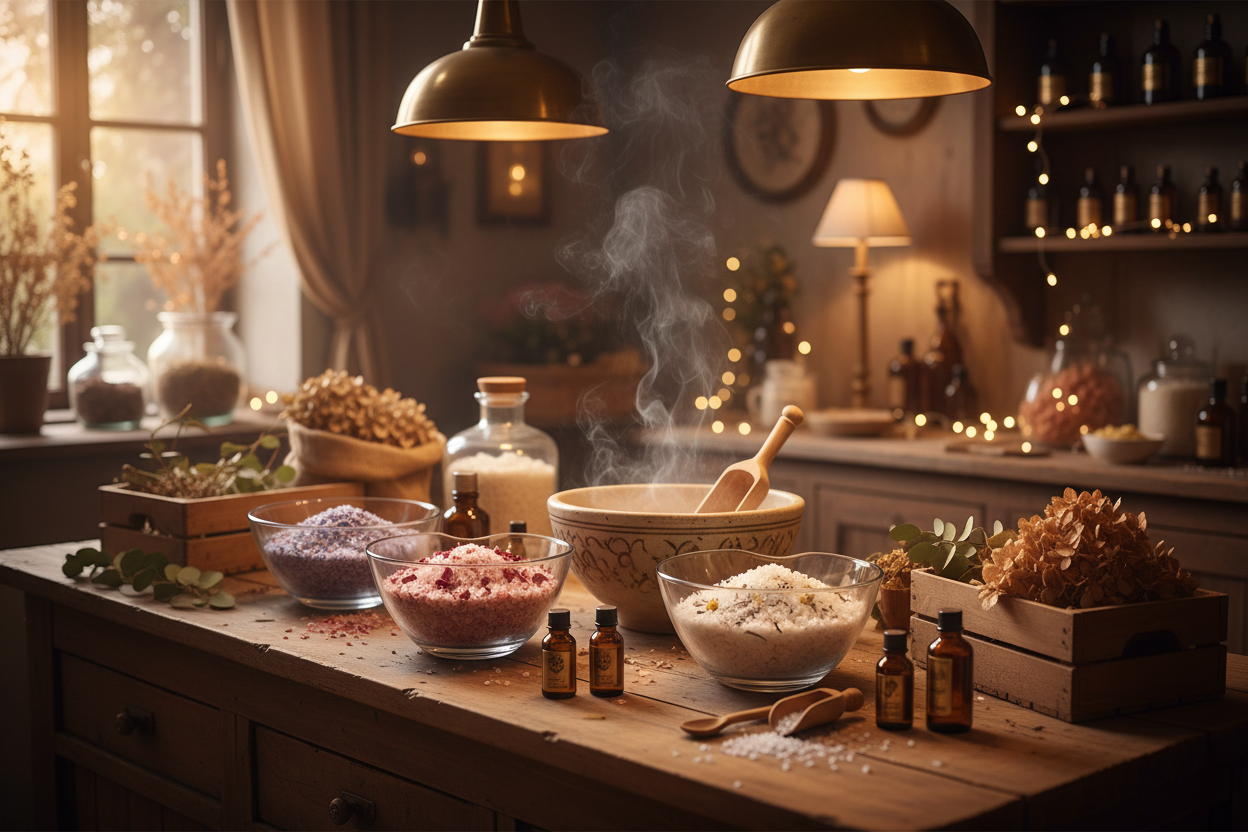A rustic kitchen or apothecary counter filled with bowls of loose powders and crystals, small amber bottles, a large steaming bowl with a wooden spoon, and decorative dried botanicals under warm hanging lights.
