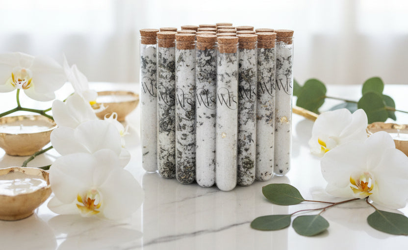 Set of test tubes with labels on a marble surface with white flowers and green leaves.