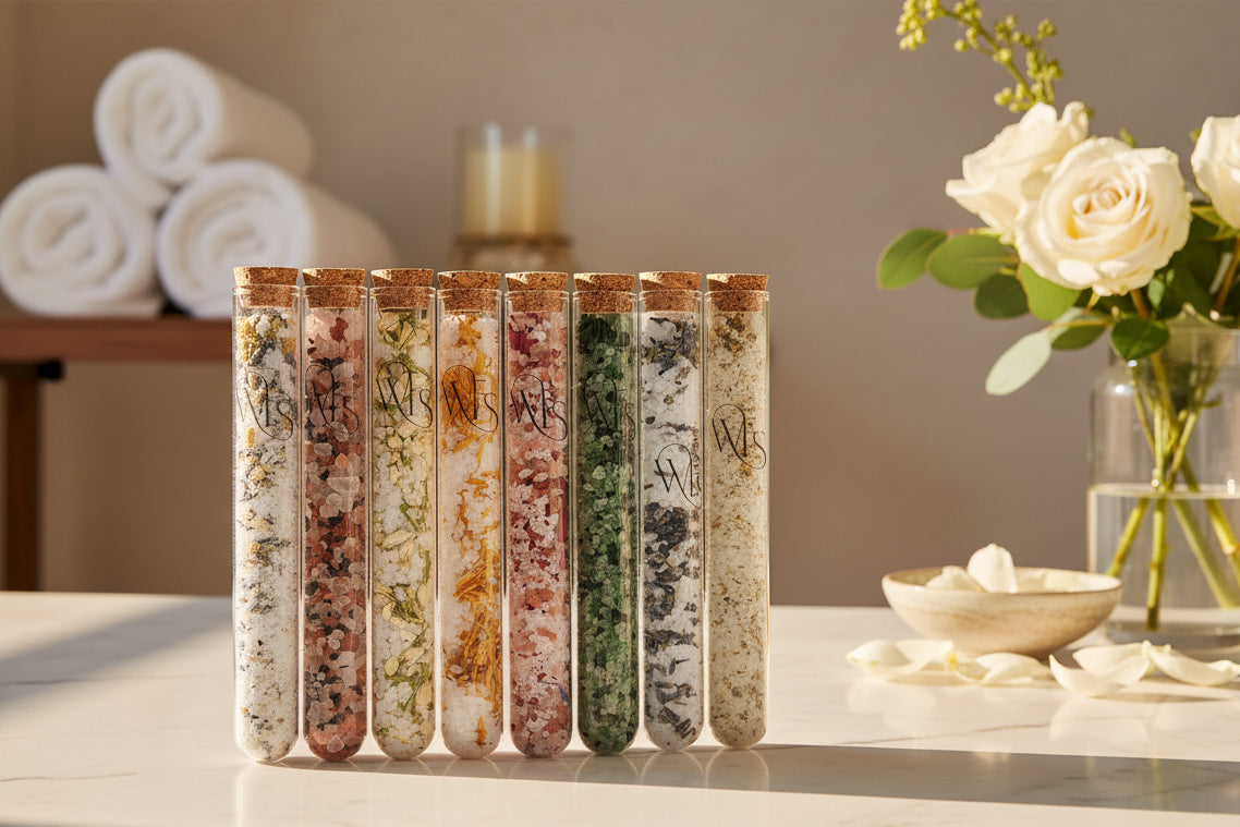 Set of eight test tubes with cork lids containing various colored powders on a white background