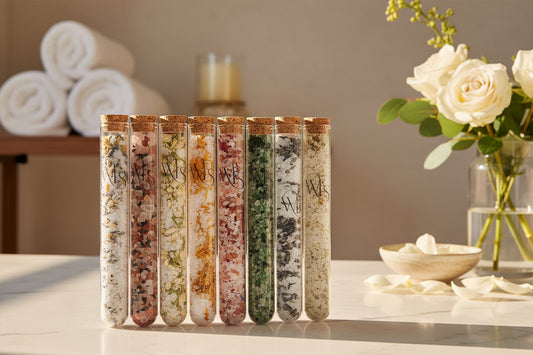 Set of eight test tubes with cork lids containing various colored powders on a white background