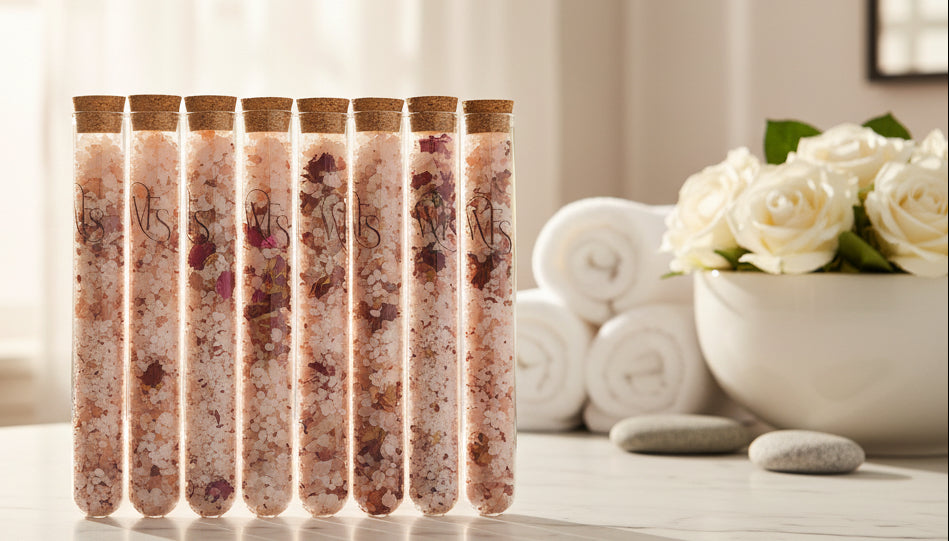 Row of test tubes with decorative contents on a white background