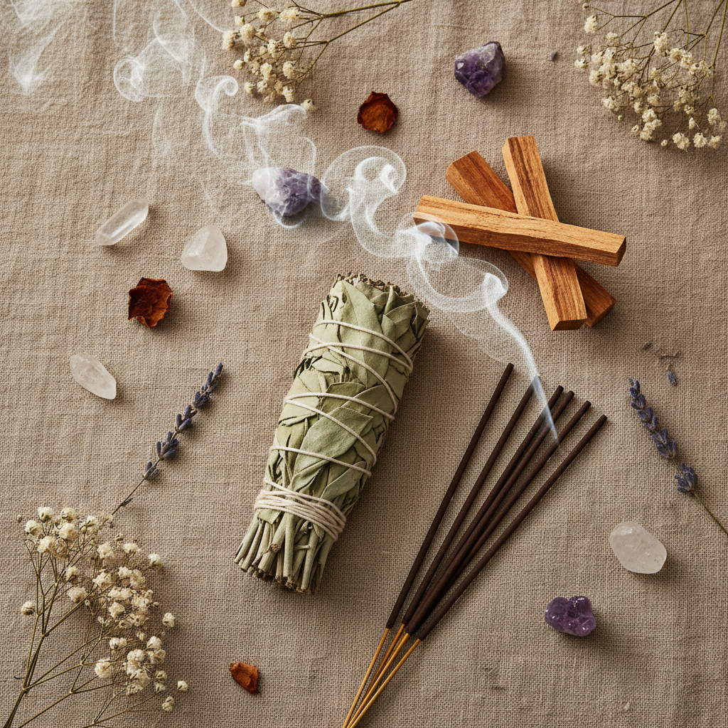 Smudging bundle with incense sticks, crystals, and flowers on a textured surface