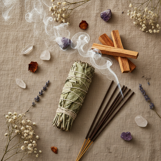 Smudging bundle with incense sticks, crystals, and flowers on a textured surface